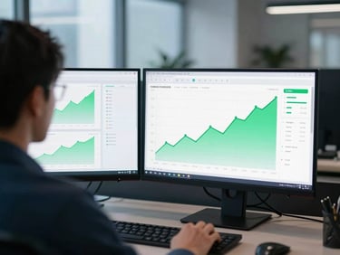 Over-the-shoulder view of a dual-monitor setup showing real-time analytical dashboards with green growth lines, cool-toned office daylight, sharp contrast