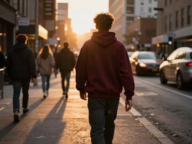 A model from behind walking down a busy city street at sunset, wearing a dark hoodie, warm golden hour ambient lights.