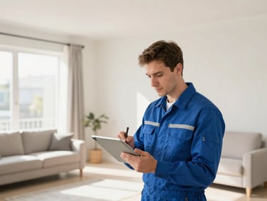 Bright morning editorial photo of a clean-cut estimator in a professional uniform taking notes on a tablet while inspecting a neat residential living room, 35mm