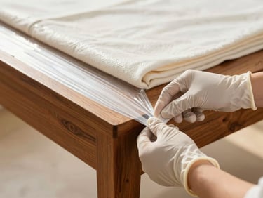 Close-up 35mm photo of hands in protective gloves carefully wrapping the corner of a polished mahogany table with thick protective blankets and clear stretch film, warm morning light