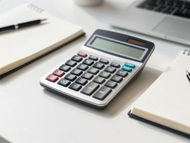 Neat, organized workspace with a calculator and a notebook under bright natural daylight.