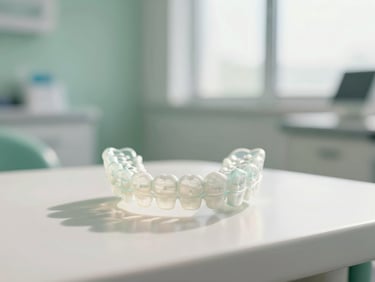 modern invisible orthodontic aligners resting on a clean surface, soft green tones