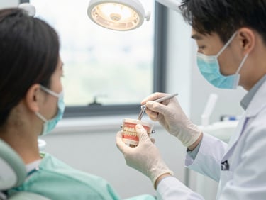 dentist explaining dental implant model to patient, soft window light, warm interaction