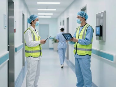 Tight wide-angle shot of an empty hospital mechanical corridor, cool overhead LED strip lighting, exposed utility conduit and pipe chases along the ceiling, clean white-painted cinder block walls, no personnel present, clinical and precise atmosphere