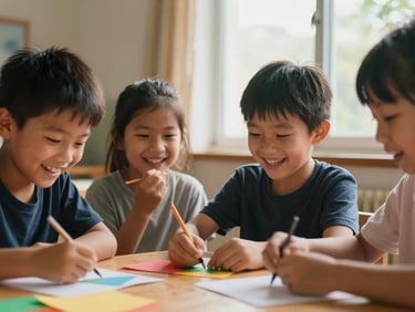 Candid close-up of children laughing and learning around a wooden table with colorful crafts, warm natural window light, documentary style.