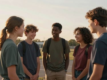 Group of diverse young teenagers talking and laughing together outdoors in a circle, warm golden hour light, genuine documentary framing.