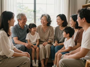 A multi-generational family sitting together in a bright living room, smiling and talking, warm natural light, candid lifestyle photo.
