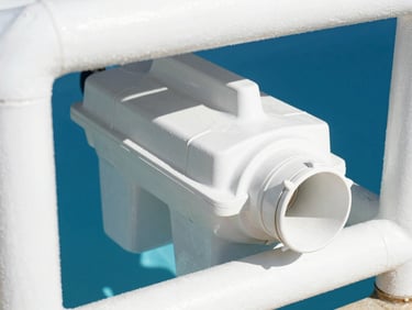 Close-up of clean, modern pool filtration equipment and pipes under bright Florida sunlight, sharp focus, 35mm