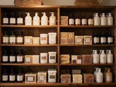 Symmetrical wide shot of organized shelves of local artisanal cleaning goods and soaps, warm moody interior lighting, elegant documentary style