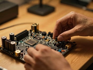 Cinematic close-up of hands carefully assembling a high-end computer motherboard, warm amber workbench lighting, shallow depth of field, dust particles in light
