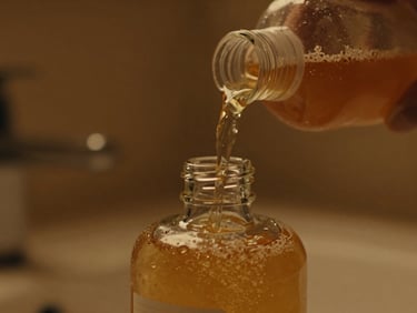 Close-up of liquid soap being poured into a clear glass bottle, warm cinematic lighting, rich amber tones, shallow depth of field