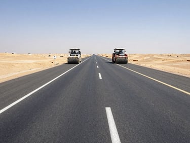Low-angle wide shot of a newly paved multi-lane highway stretching into the Iraqi desert, clean white lane markings, heavy road rollers parked on the side under bright midday sun