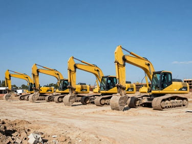 A row of brand new yellow heavy excavators parked on a dusty construction staging site, high-contrast midday sun, steel blue sky