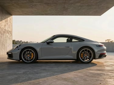 Side profile of a chalk grey Porsche 911 Carrera S parked in a minimalist concrete pavilion, soft golden hour light.
