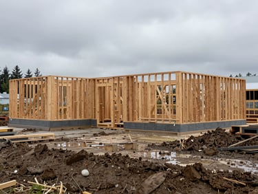 Wide environmental shot of an active residential construction site in Washington under overcast skies, raw wood framing visible, damp earth in the foreground.