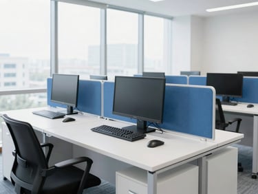 bright clean commercial photography, high-key natural daylight, immaculate office workspace with clean desks and bright window light, sharp focus, 35mm