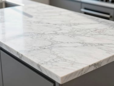 bright clean commercial photography, high-key natural daylight, close-up of a polished marble kitchen countertop reflecting sunlight, sharp focus, 35mm