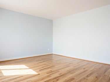 bright clean commercial photography, high-key natural daylight, empty apartment room with pristine hardwood floors, sharp focus, 35mm
