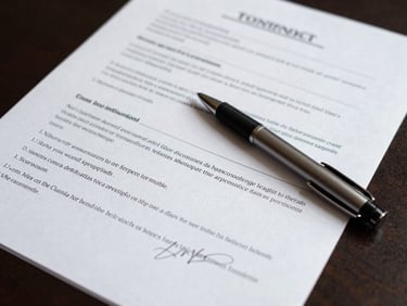 Close macro shot of a contract document covered in handwritten annotations and margin notes, a pen resting across the page, clean overhead north-facing daylight, dark desk surface visible at edges