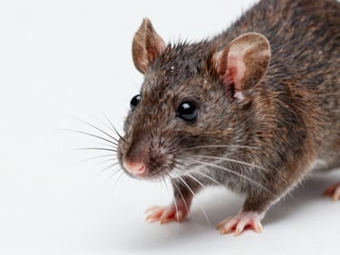 Macro photography of a brown rat snout showing whiskers, clinical white background, highly detailed scientific style.