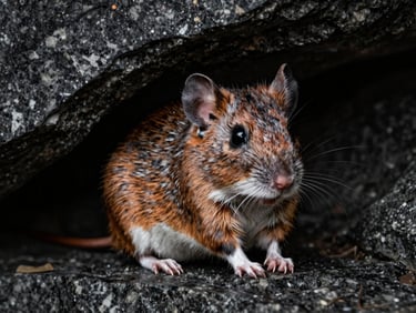 Macro shot of a rodent in a dark granite crevice, clinical high-contrast lighting.