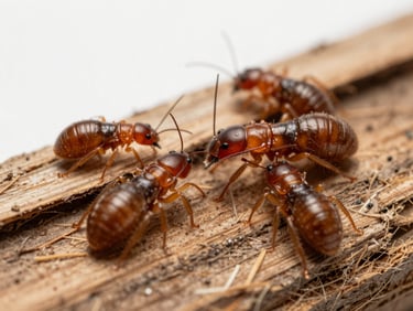 Macro close-up of termites active inside dry historic wood fibers, bright clinical light.