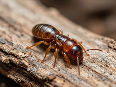 Macro photography of a subterranean termite worker on dry ancient wood, high contrast, bright clinical lighting.