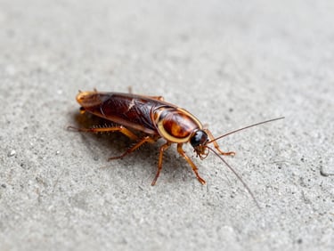 Scientific macro-photography of a cockroach on a clean concrete surface, high-contrast.