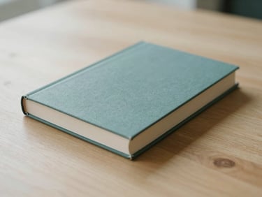 A minimalist physical book resting on a clean wooden surface, soft morning light, muted teal tones, 35mm