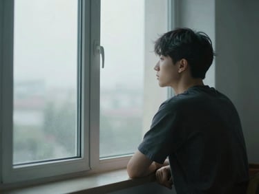 A solitary figure in quiet contemplation near a large window, soft morning light, muted slate tones, shallow depth of field, 35mm