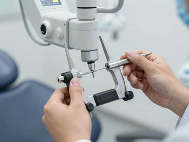 Close-up hands of a medical engineer using calibration tools on a modern dental chair's electronic mechanics, bright sterile lighting, white background.