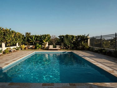 Wide ground-level shot of the Royal Pool Villa plot in Umbarmali — the filled 8x10 swimming pool in foreground catching midday sunlight, plot perimeter fence visible to the right, lush garden strip behind the pool, clear blue sky overhead