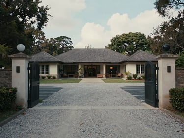 Wide-angle shot from the entry gate of the Royal Pool Villa property — the bungalow structure set back, parking space visible in foreground, gravel driveway, surrounding trees and open sky showing the scale of the plot