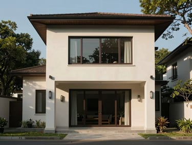 Straight-on exterior shot of the Royal Pool Villa bungalow facade — 1200 sq.ft built structure, finished plaster, natural light hitting the front wall, trees framing the sides, clear daytime sky, no staging
