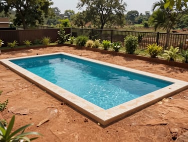 Wide environmental shot of a completed private swimming pool on a laterite-soil plot in Umbarmali, midday sunlight, pool edge in foreground, green garden perimeter and plot boundary fence visible behind, natural trees framing the far edge