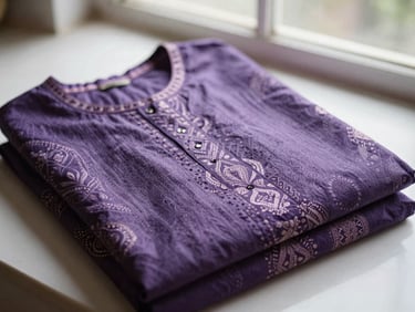 Flat-lay of a perfectly folded ethnic Kurti with intricate patterns, rich purple and lavender tones, soft natural window light.