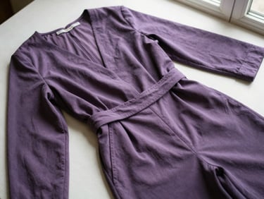 Flat-lay of a contemporary western co-ord set, elegant drape, soft natural window light, rich purple and lavender tones.