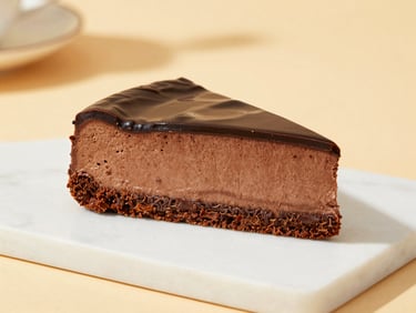 Perfect slice of chocolate mousse cake on a clean white marble slab, warm golden studio lighting, professional food photography, sharp focus, high-scale commercial presentation