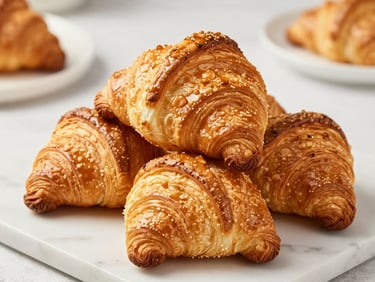 Close-up of freshly baked golden croissants stacked neatly on a white marble surface, warm studio light, high-detail texture