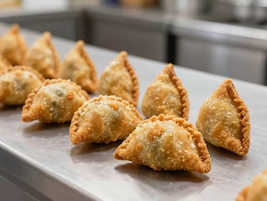 Golden crispy coxinhas on a clean commercial kitchen counter, bright lighting emphasizing the crunchy texture