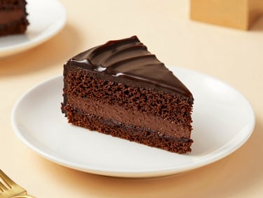 A slice of chocolate cake with glossy fudge frosting on a clean white plate, professional commercial food photography