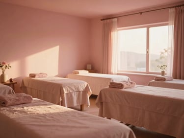 Cinematic wide shot of a serene, warm spa training studio bathed in golden afternoon sunlight, soft pink and terracotta accents, minimalist design, peaceful atmosphere