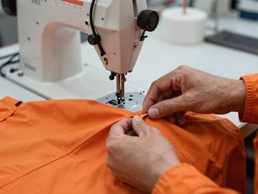Close-up of a textile technician's hands inspecting double-stitched seams on heavy-duty orange industrial workwear under bright workshop lighting, sewing machine in the background.