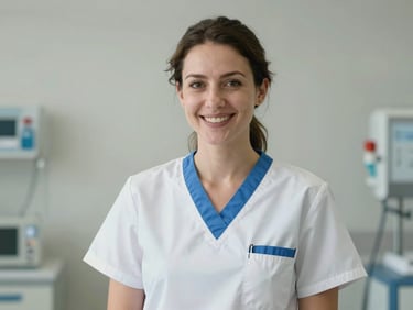 Une professionnelle de santé en blouse médicale blanche ajustée avec liseré bleu, souriante et confiante dans un couloir de clinique lumineux.