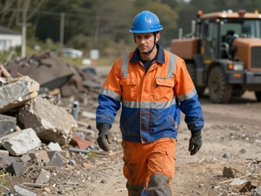 Un technicien minier équipé d'une combinaison haute visibilité orange et bleue avec bandes réfléchissantes, marchant sur un site industriel ensoleillé.