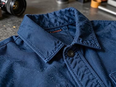 Macro shot of high-contrast natural light on a certified blue industrial jacket seam, highlighting precise heavy-duty stitching on authentic Faso Dan Fani woven collar details, workshop background.