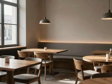 Minimalist Scandinavian-style restaurant dining room, empty wooden tables, soft morning light through a window, calm atmospheric interior.
