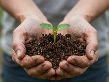 Close-up of weathered hands holding rich organic soil with a small green sprout, soft natural outdoor lighting, shallow depth of field.