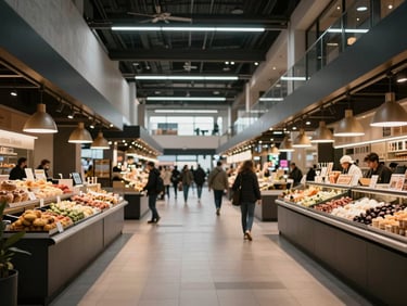 Atmospheric wide shot of a modern food market hall, clean architectural lines, warm hanging lights, people blurred in the background.