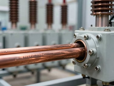 Macro detail shot of heavy duty electrical copper busbars and high-voltage switchgear inside a clean industrial substation, sharp daylight